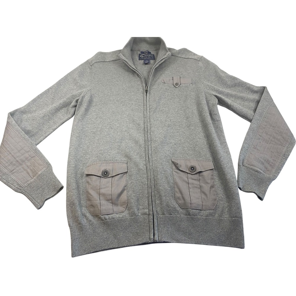 American Rag Mens Gray Full Zip Utility Cardigan Sweater‎ Elbow Patch Cotton Lrg